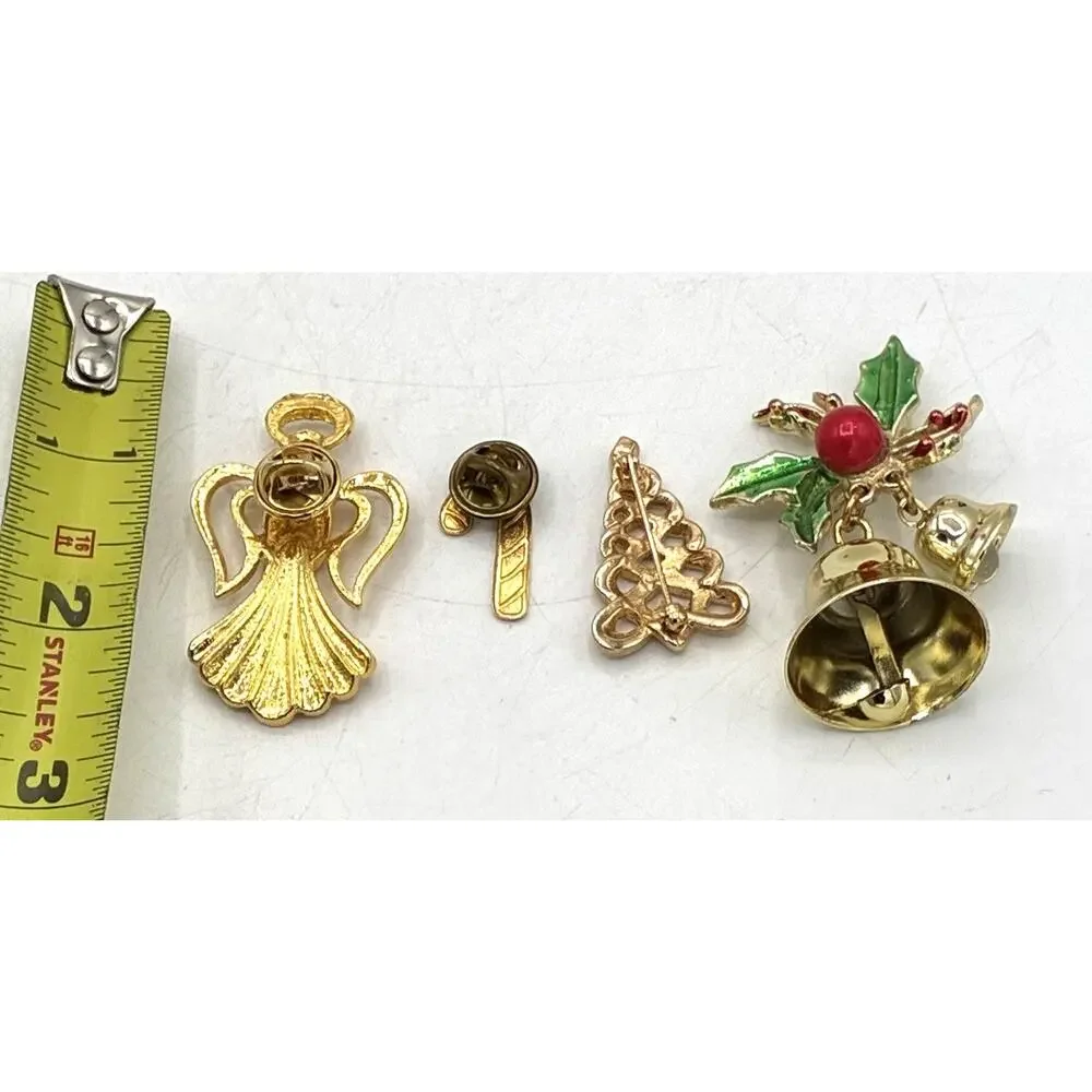 Vintage Christmas Brooch Pin Lot of 4 Bell Tree Angel Candy Cane Holiday Jewelry